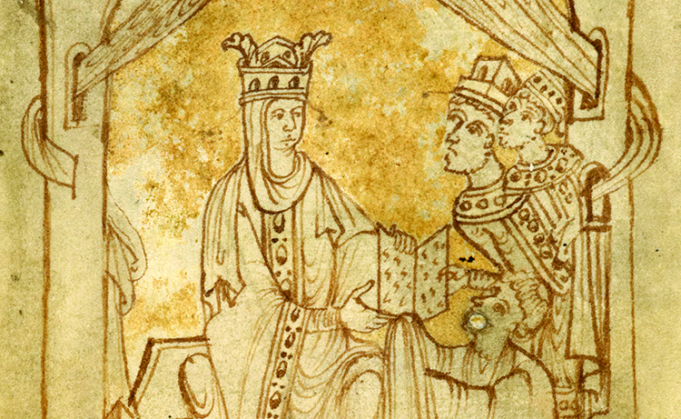 Queen Emma, wife of Ethelred II and Cnut, receives the book from its author, watched by her sons Harthacnut and Edward (King Edward the Confessor)